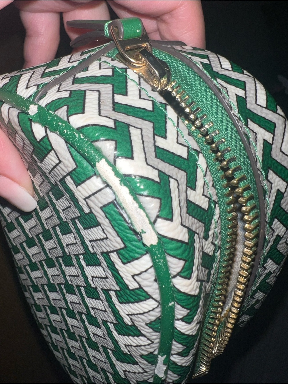 Tory Burch Green & White Woven-Pattern Cosmetic Pouch with Gold Logo - Picture 7 of 8